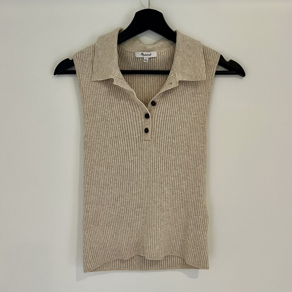 Madewell Polo Sweater Tank Women’s Owen Tan Ribbed Stretch Sleeveless Soft Large